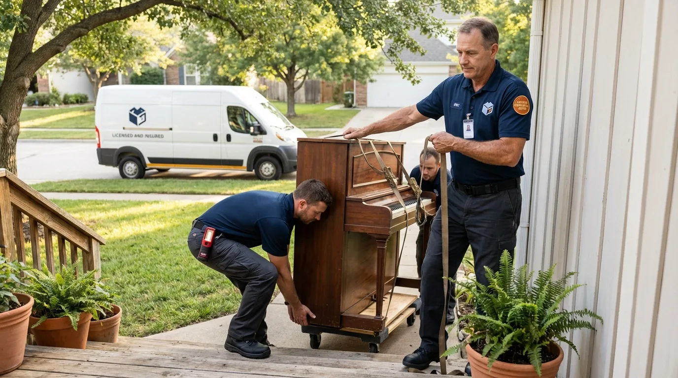 Licensed piano movers securing grand piano in Newport, WA