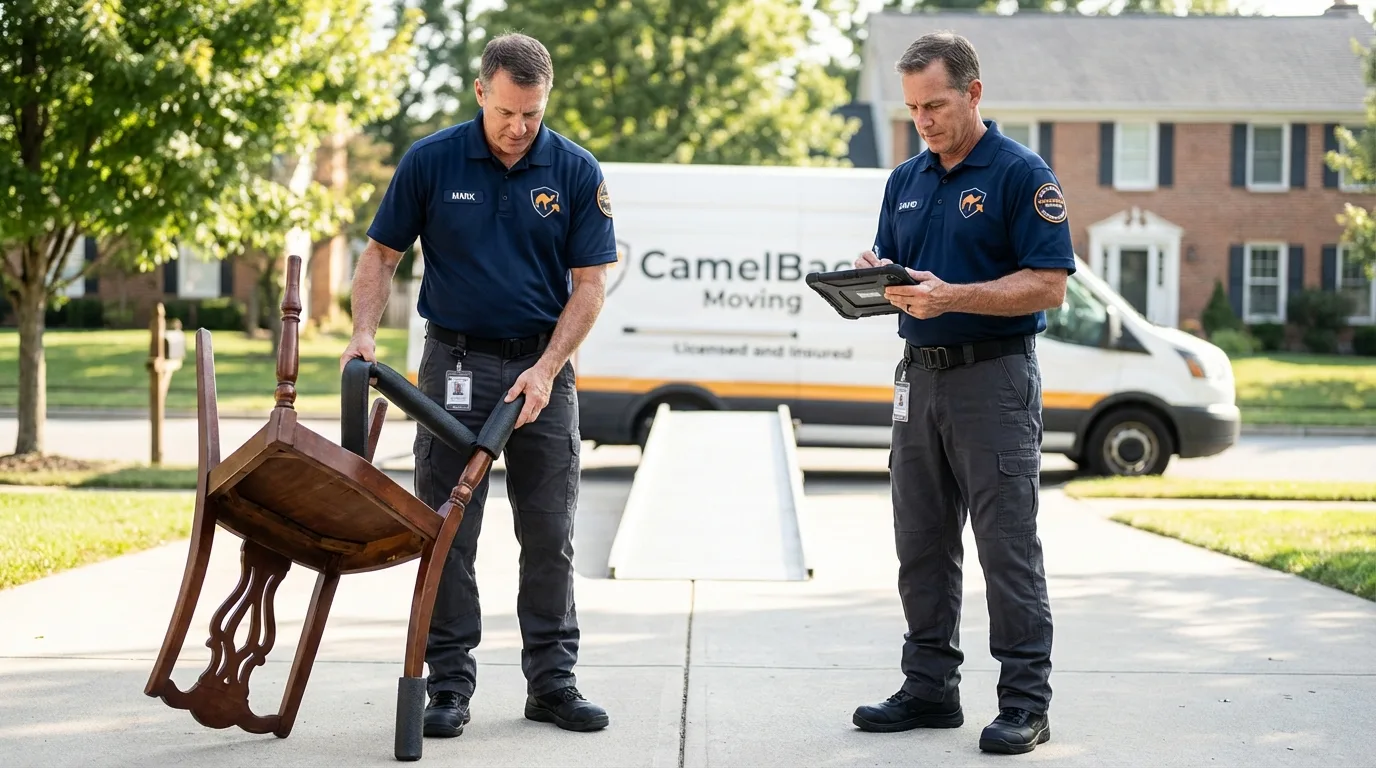 Movers inspecting furniture for damage prevention before loading in Newport, WA
