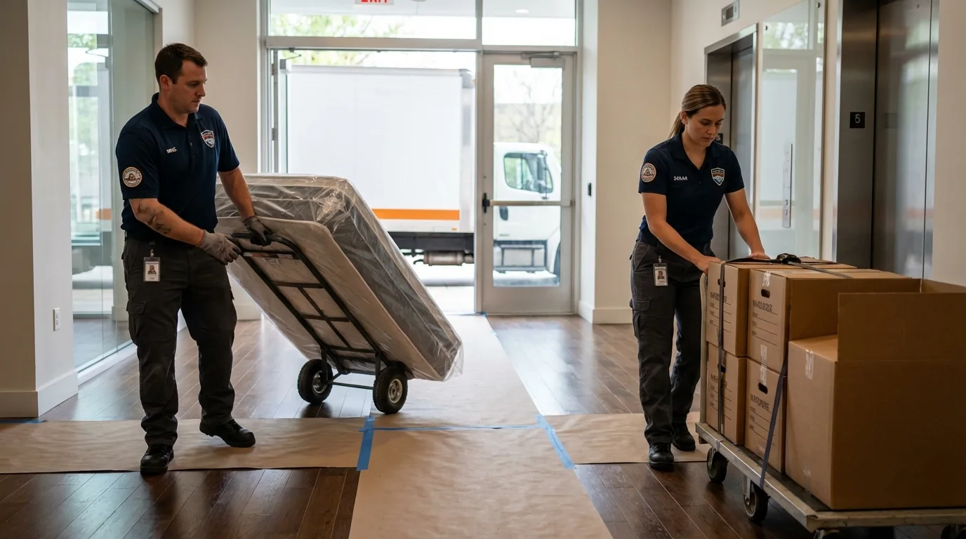 Professional apartment movers loading elevator in Newport, WA
